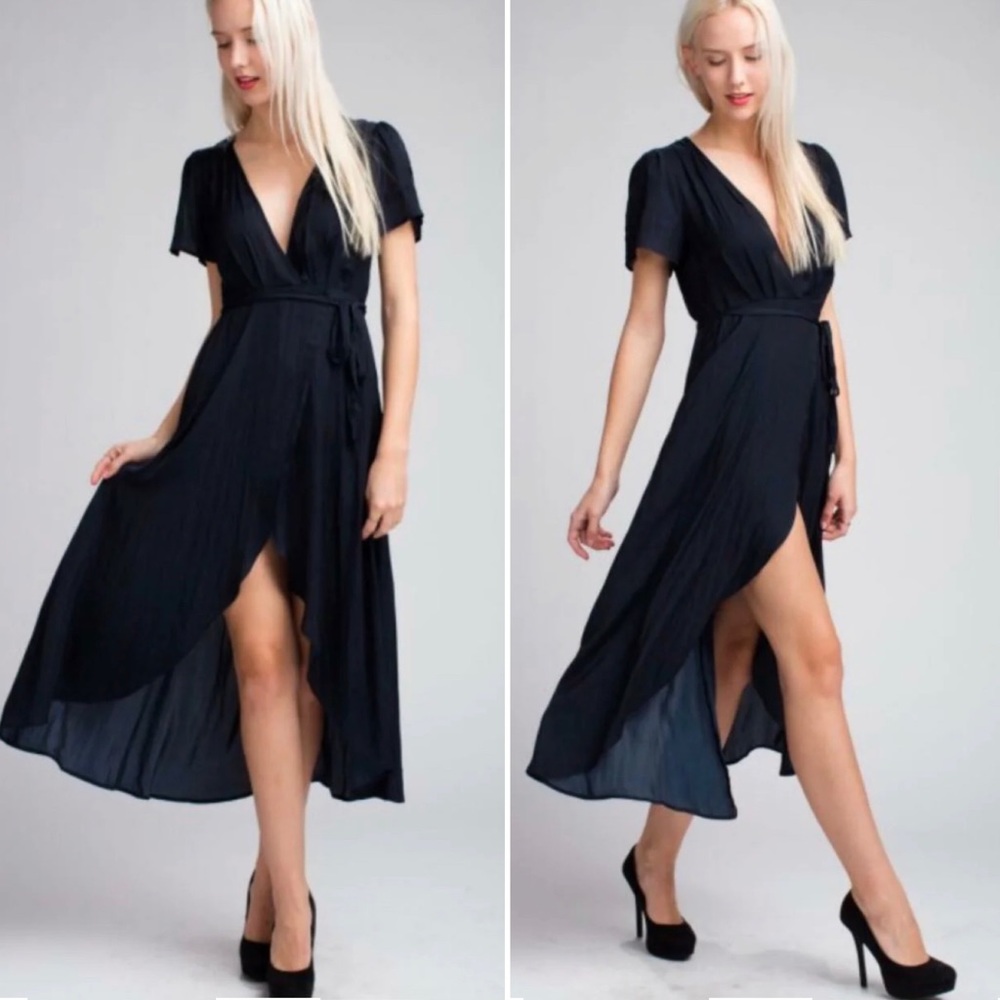 Honeypunch Come Together Navy Blue Midi Wrap Dress, Size S